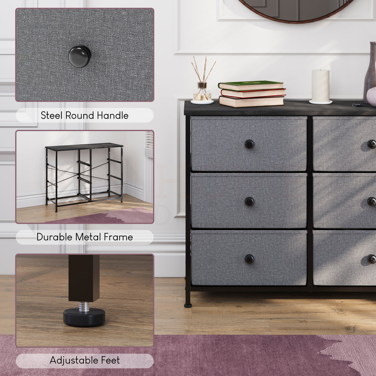 Chorley 6 Drawer Fabric Drawer Chest, Grey & Black