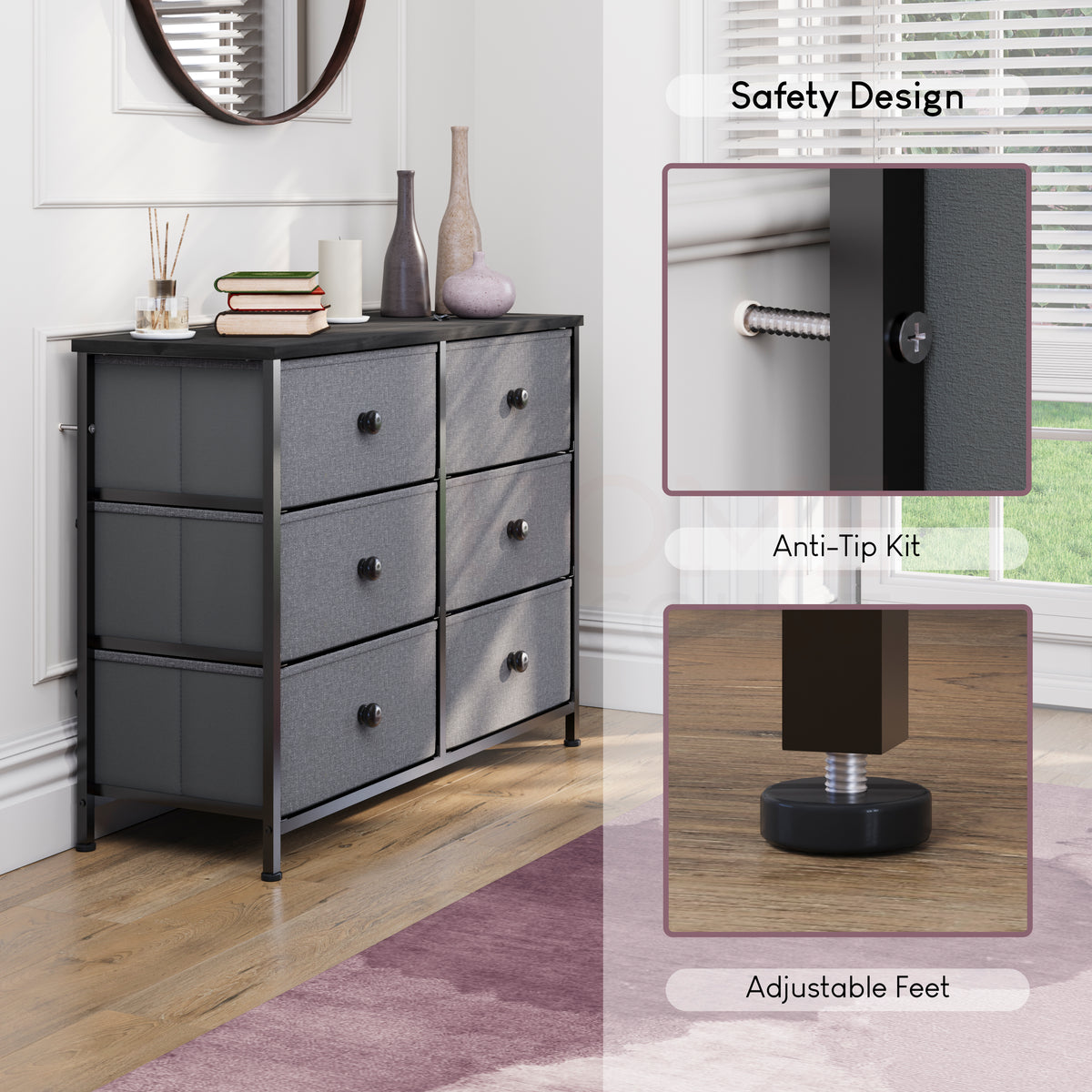 Chorley 6 Drawer Fabric Drawer Chest, Grey & Black
