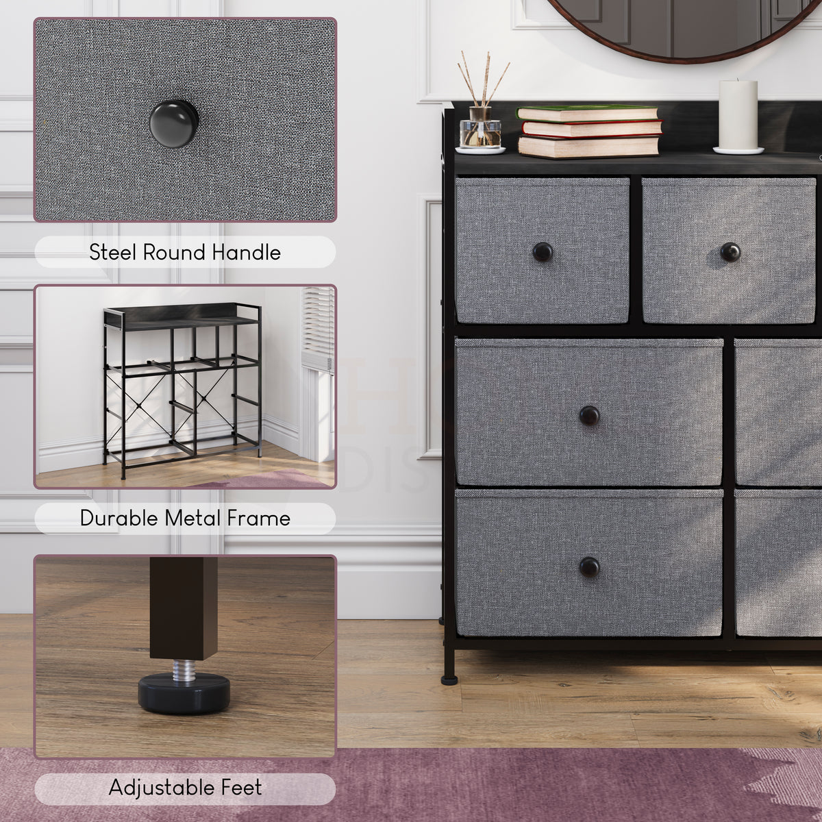 Chorley 7 Drawer Fabric Drawer Chest, Grey & Black