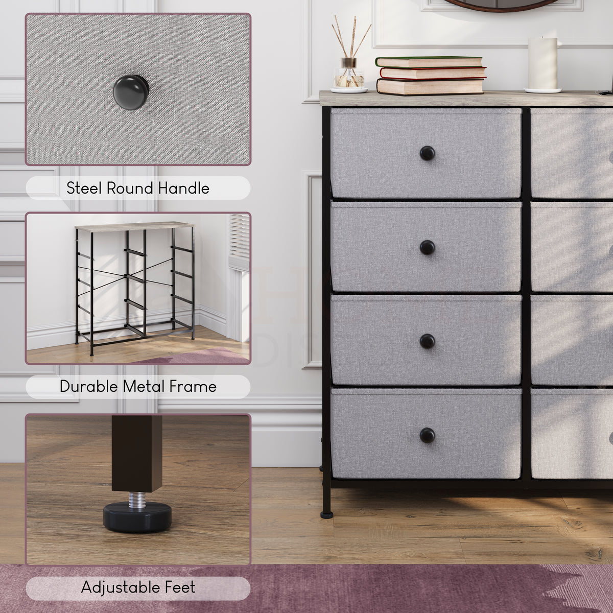 Chorley 8 Drawer Fabric Drawer Chest, Beige & Grey Wood