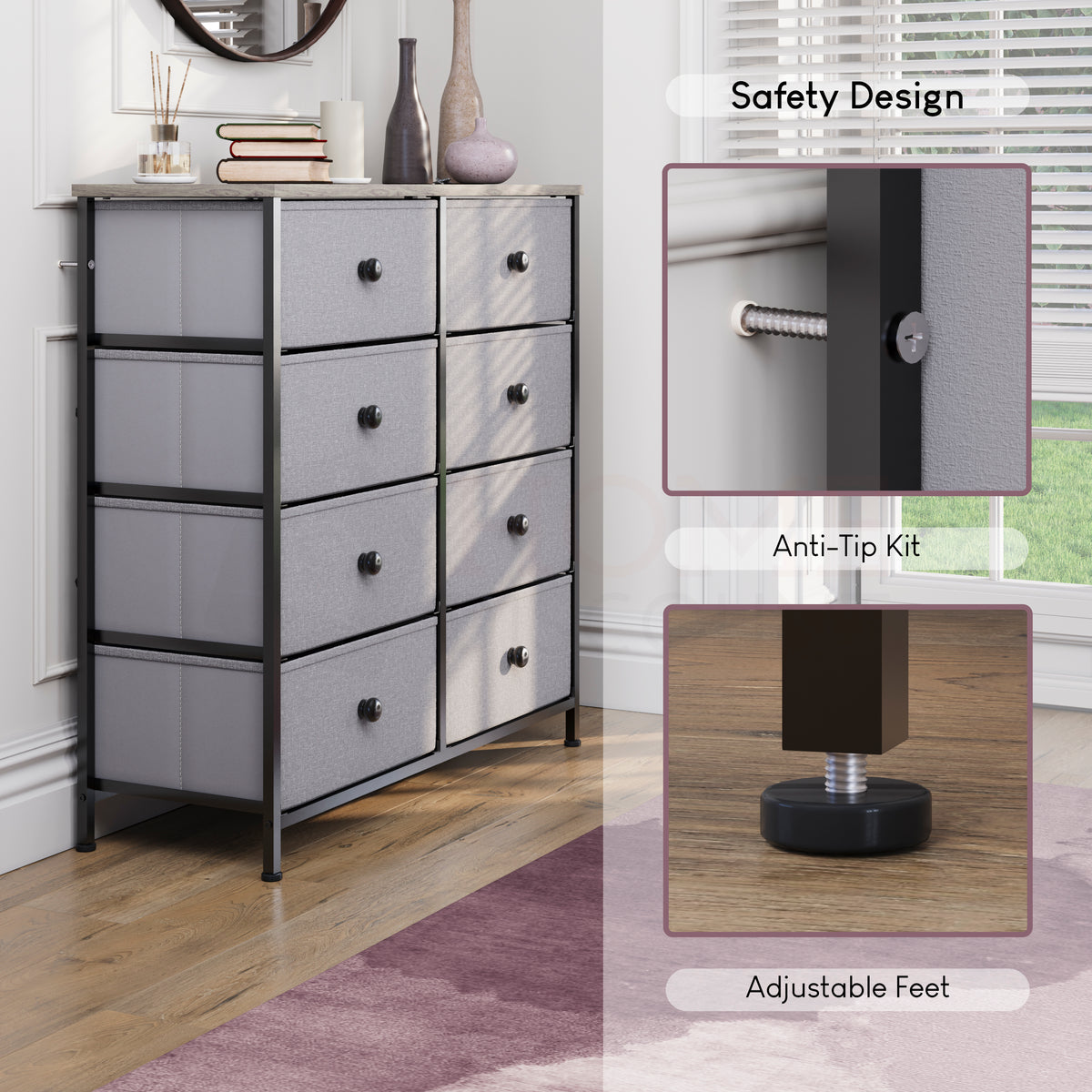 Chorley 8 Drawer Fabric Drawer Chest, Beige & Grey Wood