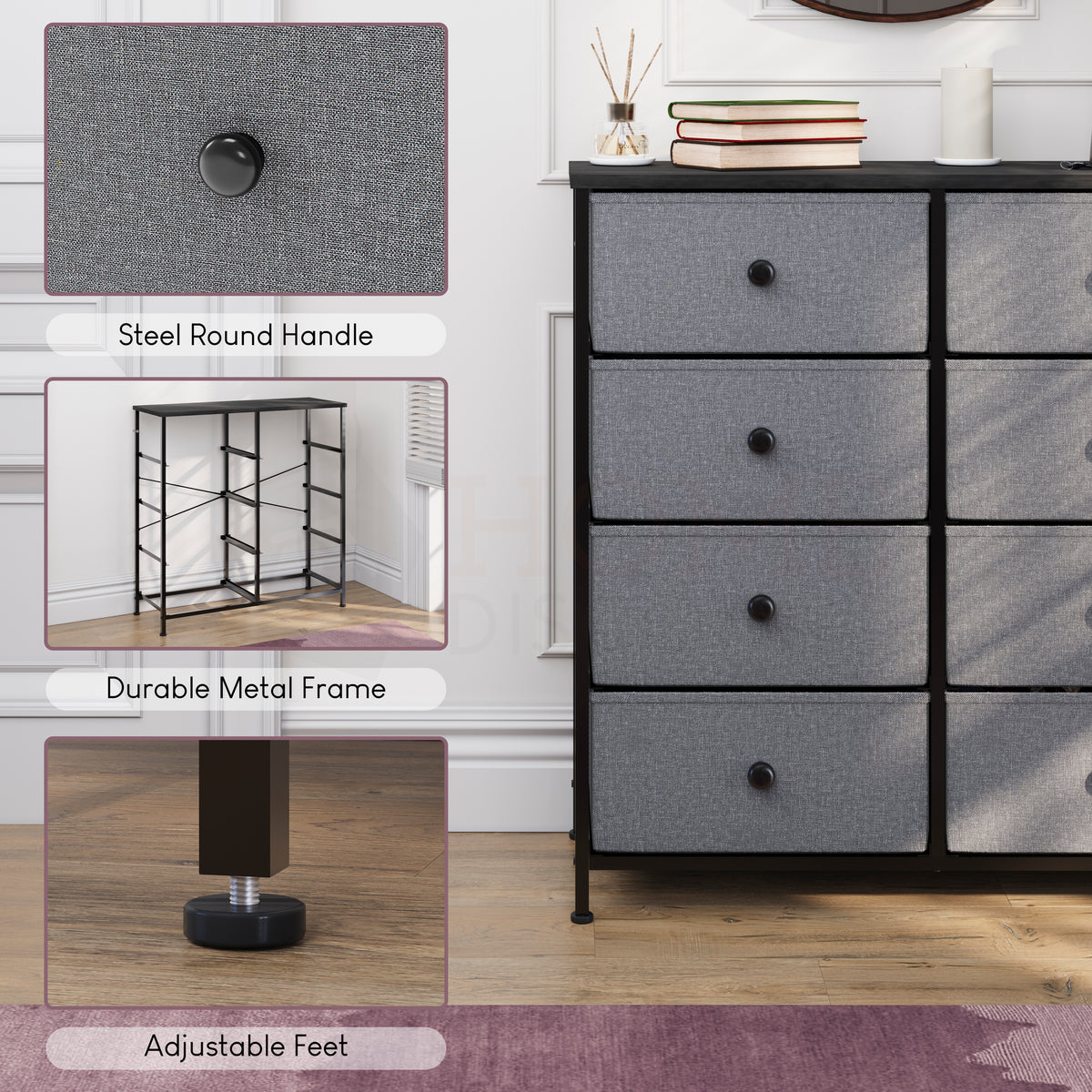 Chorley 8 Drawer Fabric Drawer Chest, Grey & Black