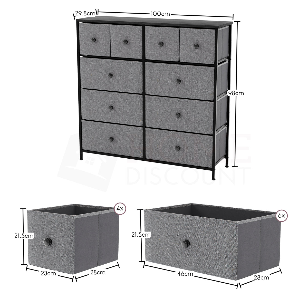 Chorley 10 Drawer Fabric Drawer Chest, Grey & Black