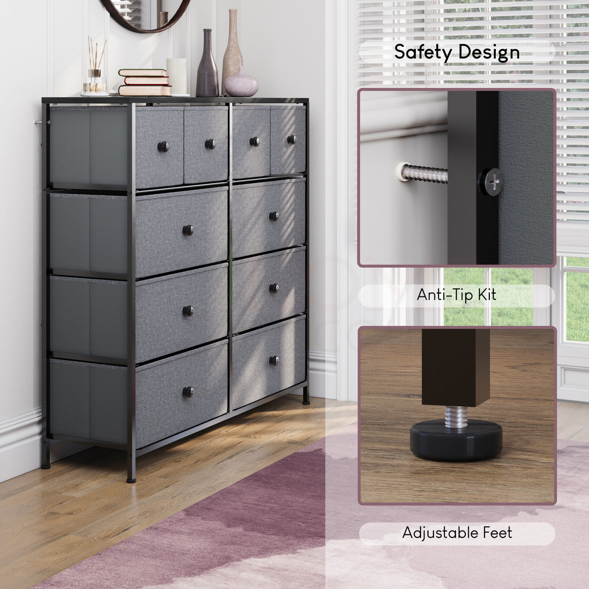 Chorley 10 Drawer Fabric Drawer Chest, Grey & Black
