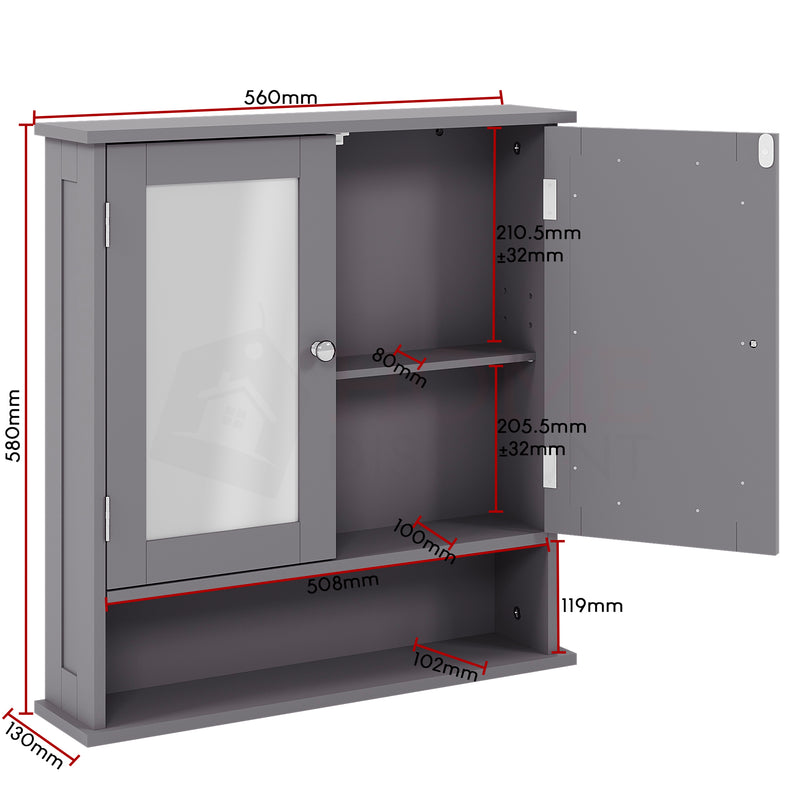 Priano 2-Door Mirrored Wall Cabinet With Shelf - Grey