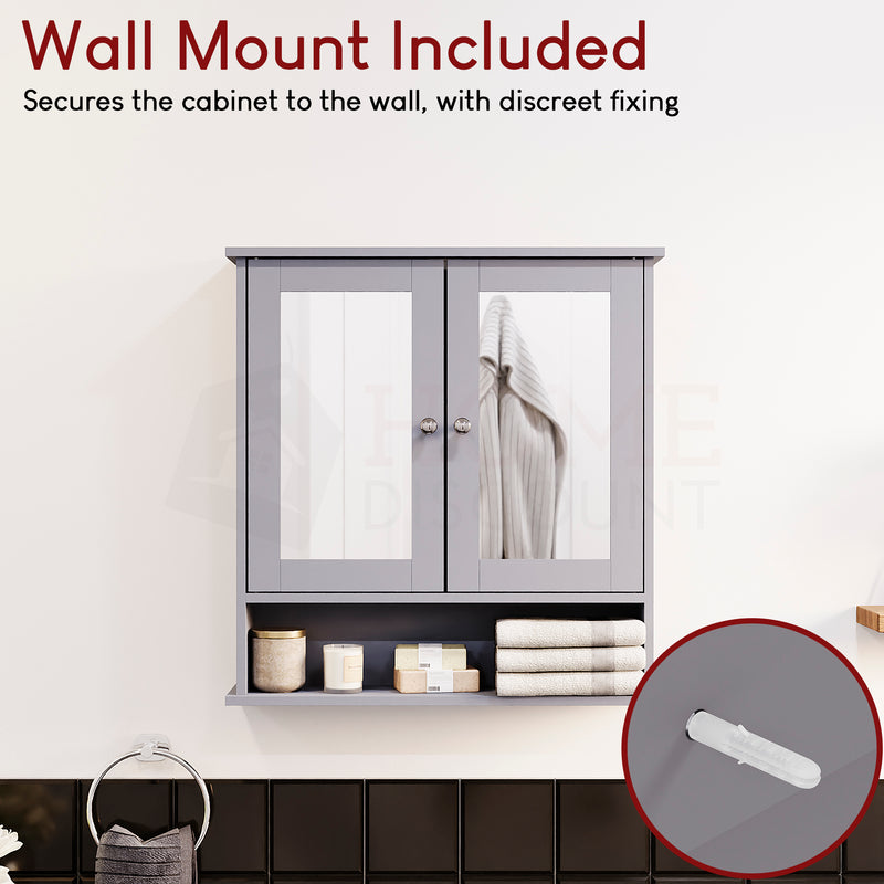 Priano 2-Door Mirrored Wall Cabinet With Shelf - Grey