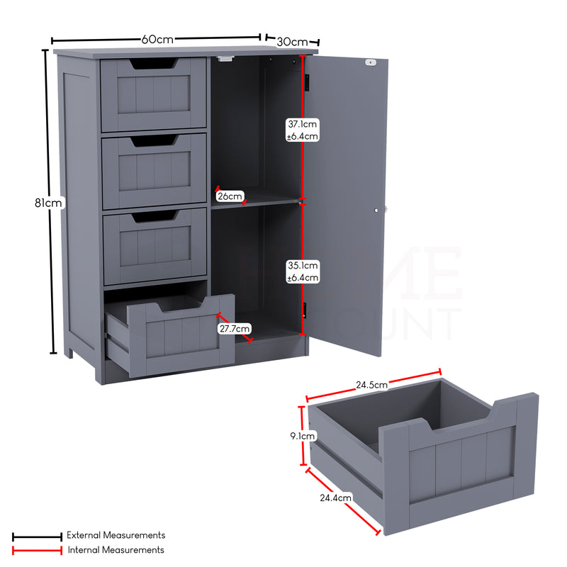 Priano 4 Drawer 1 Door Freestanding Unit, Grey