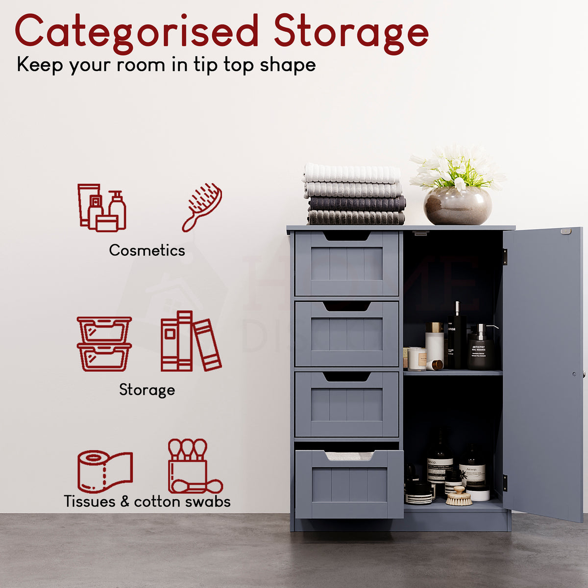 Priano 4 Drawer 1 Door Freestanding Unit, Grey
