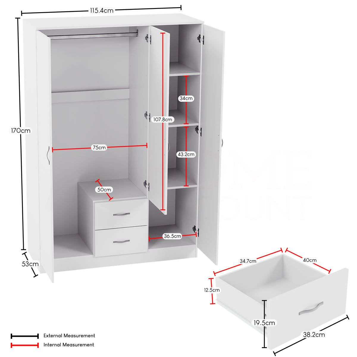 Riano 3 Door 2 Drawer Mirrored Wardrobe- White
