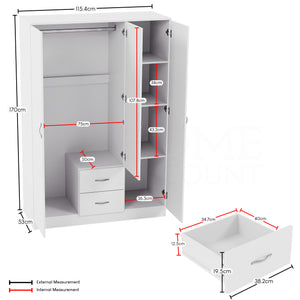 Riano 3 Door 2 Drawer Mirrored Wardrobe- White
