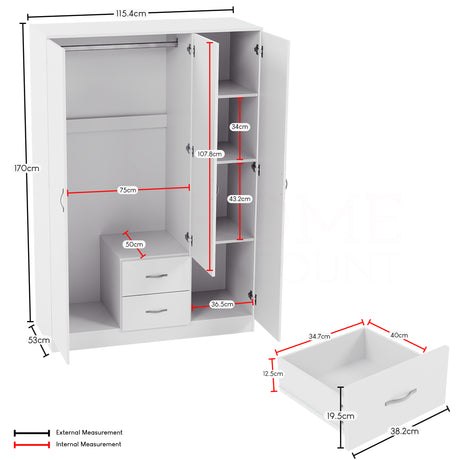 Riano 3 Door 2 Drawer Mirrored Wardrobe- White
