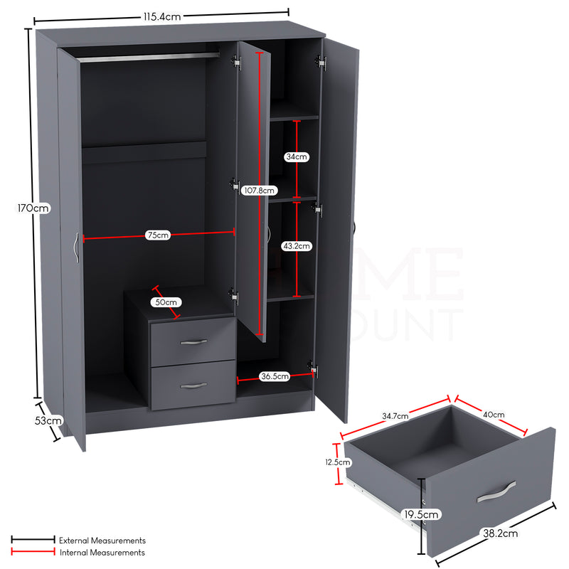Riano 3 Door 2 Drawer Mirrored Wardrobe, Grey