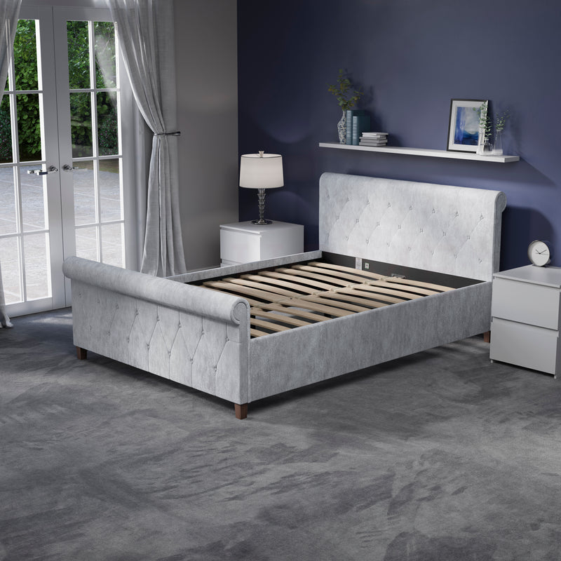 Vittorio Double Bed, Crushed Velvet Silver