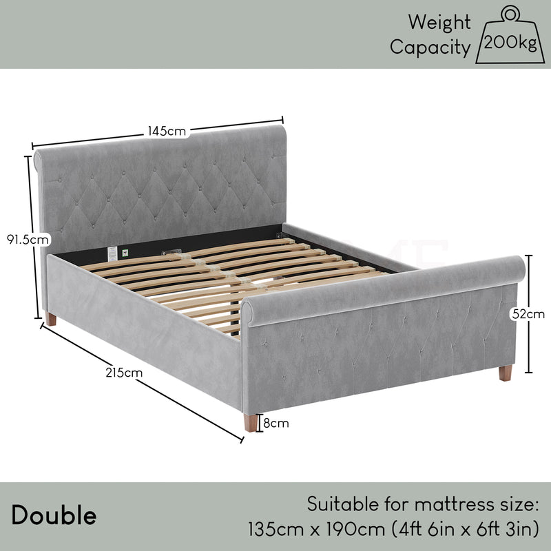 Vittorio Double Bed, Light Grey Velvet