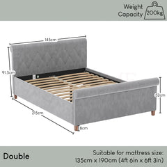 Vittorio Double Bed, Light Grey Velvet