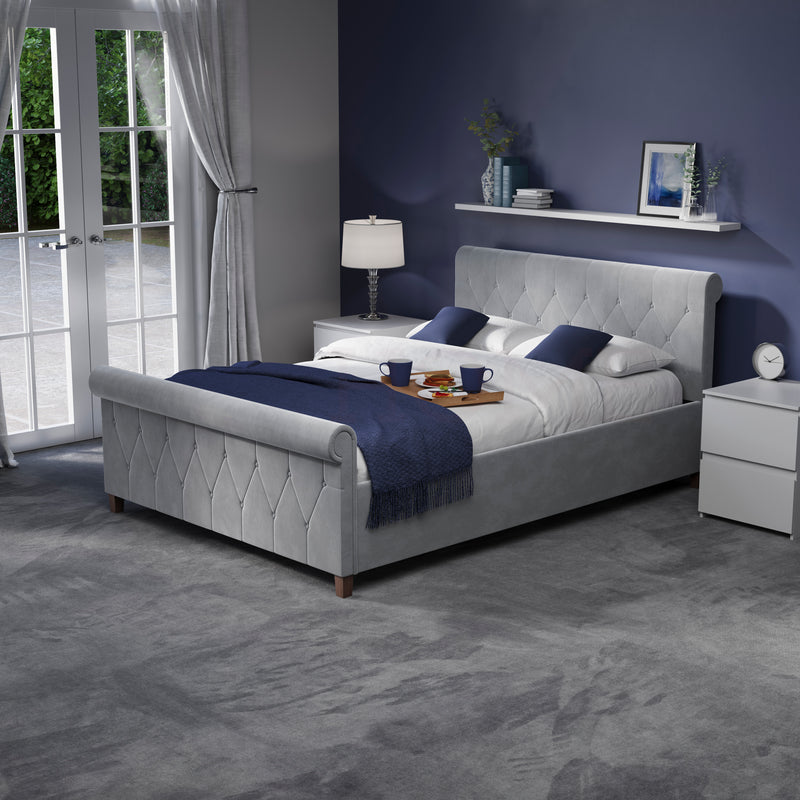 Vittorio Double Bed, Light Grey Velvet