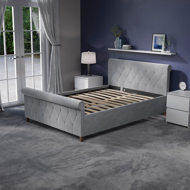 Vittorio Double Bed, Light Grey Velvet