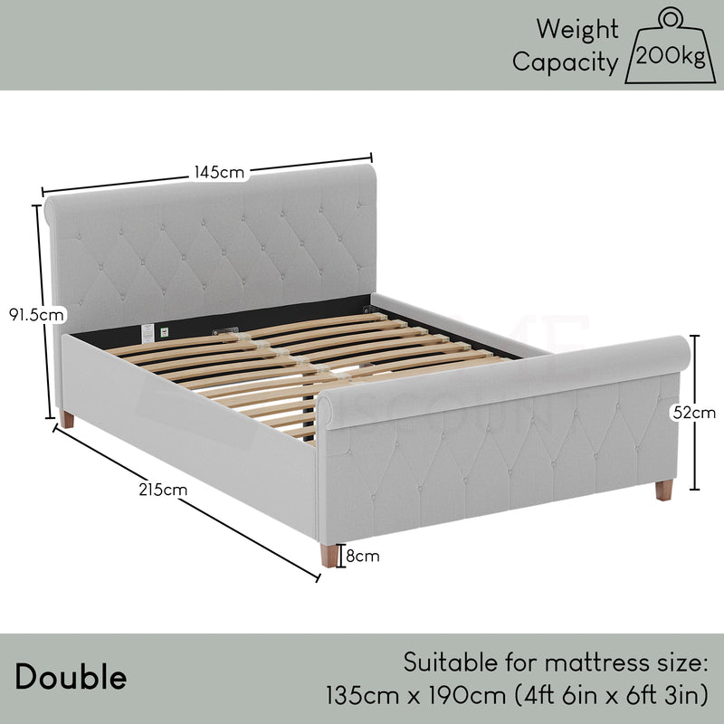 Vittorio Double Bed, Light Grey Linen