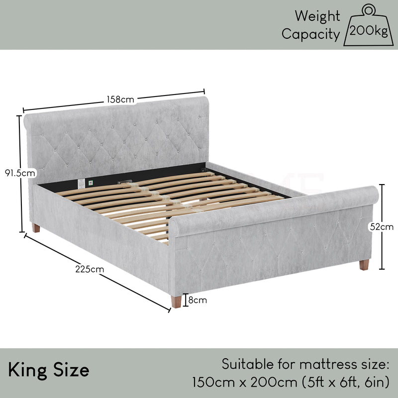 Vittorio King Size Bed, Crushed Velvet Silver