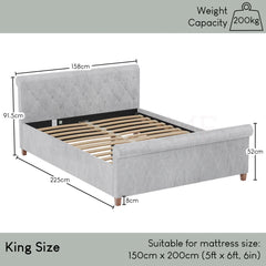 Vittorio King Size Bed, Crushed Velvet Silver