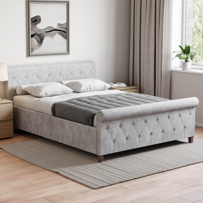 Vittorio King Size Bed, Crushed Velvet Silver