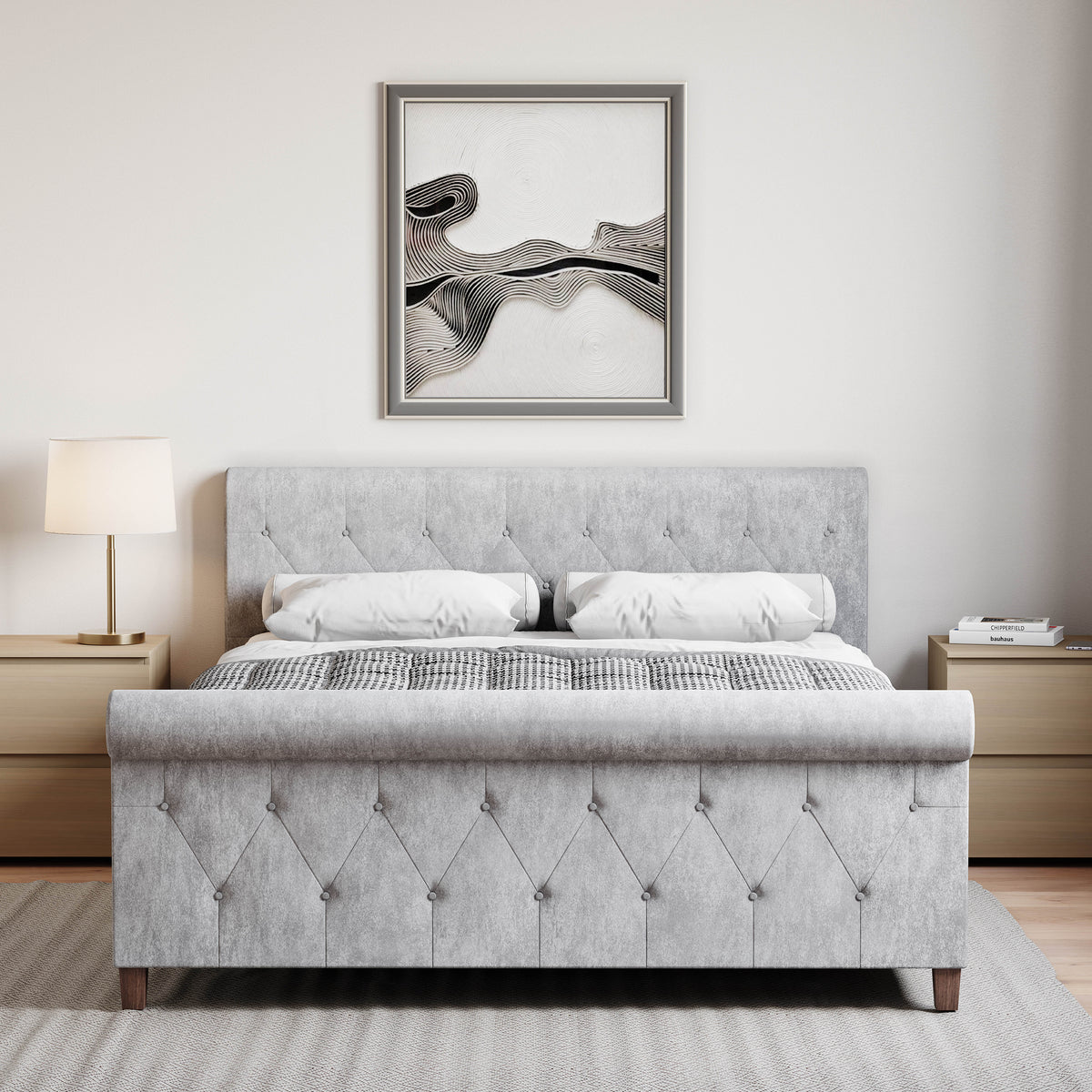 Vittorio King Size Bed, Crushed Velvet Silver