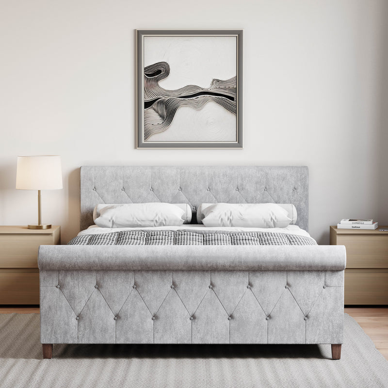 Vittorio King Size Bed, Crushed Velvet Silver