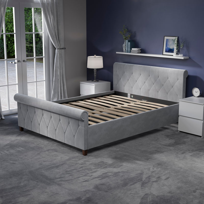 Vittorio King Size Bed, Light Grey Velvet