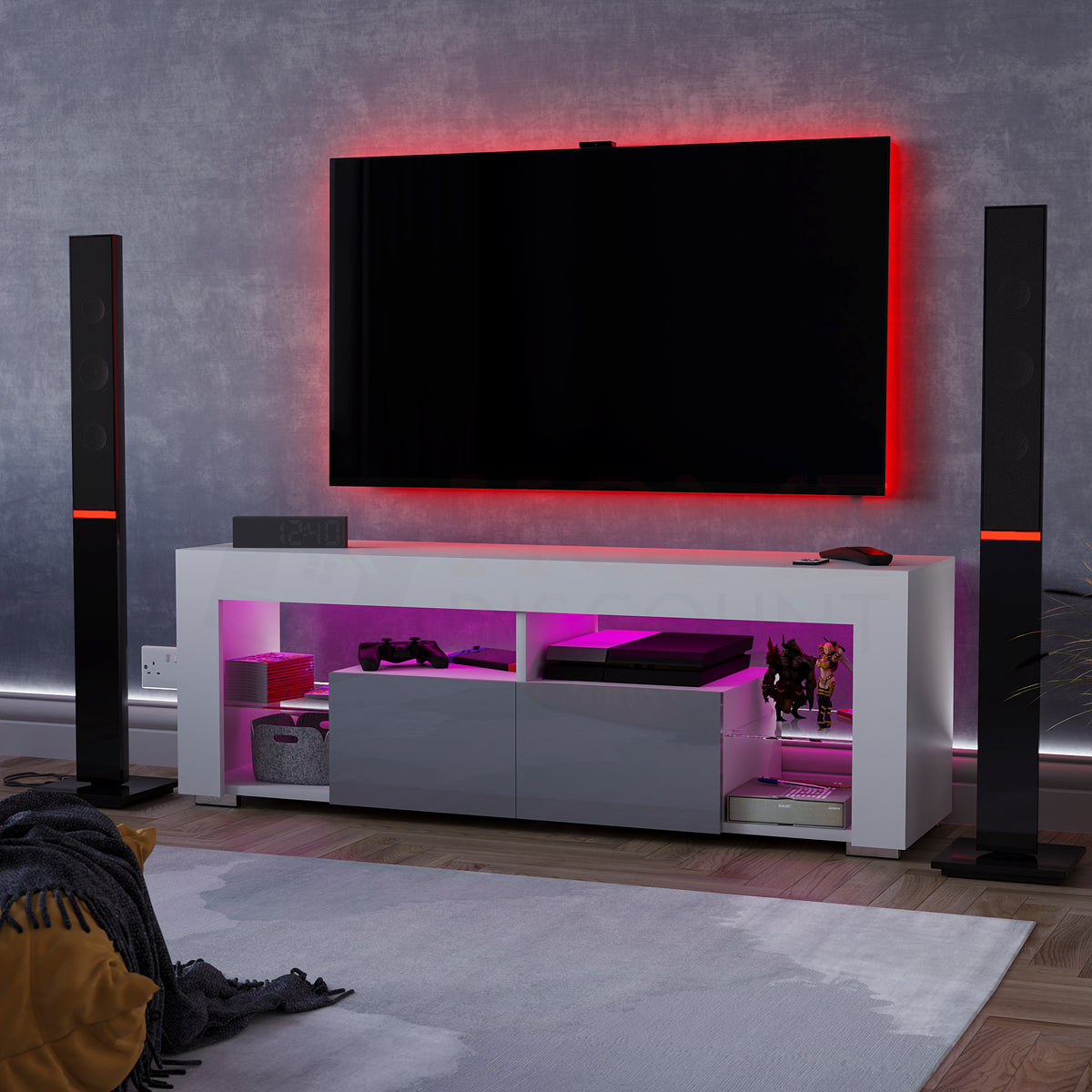 Luna 2 Drawer LED TV Unit, White & Grey