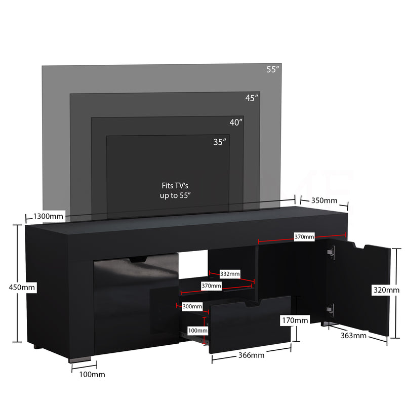 Eclipse 2 Door 1 Drawer LED TV Unit, Black