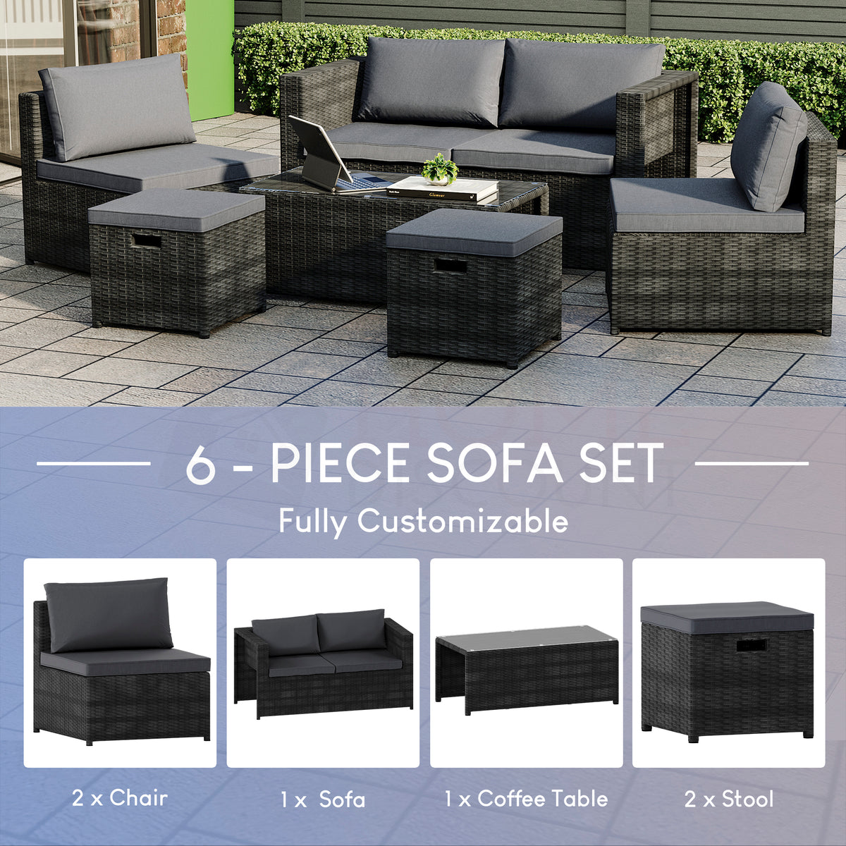 Islay 6 Seater Rattan Set, Black UKFR