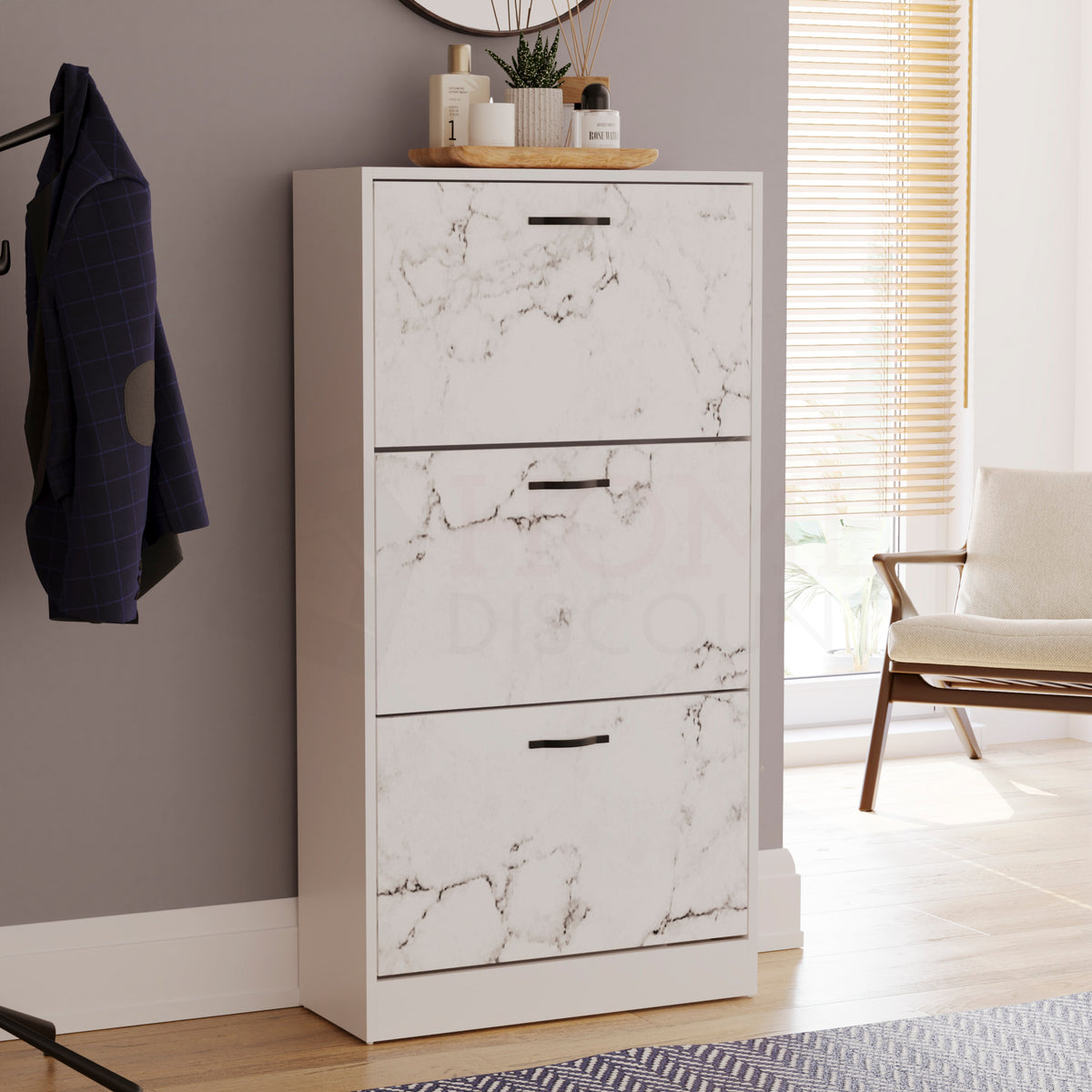 3 Drawer Shoe Cabinet, White Marble