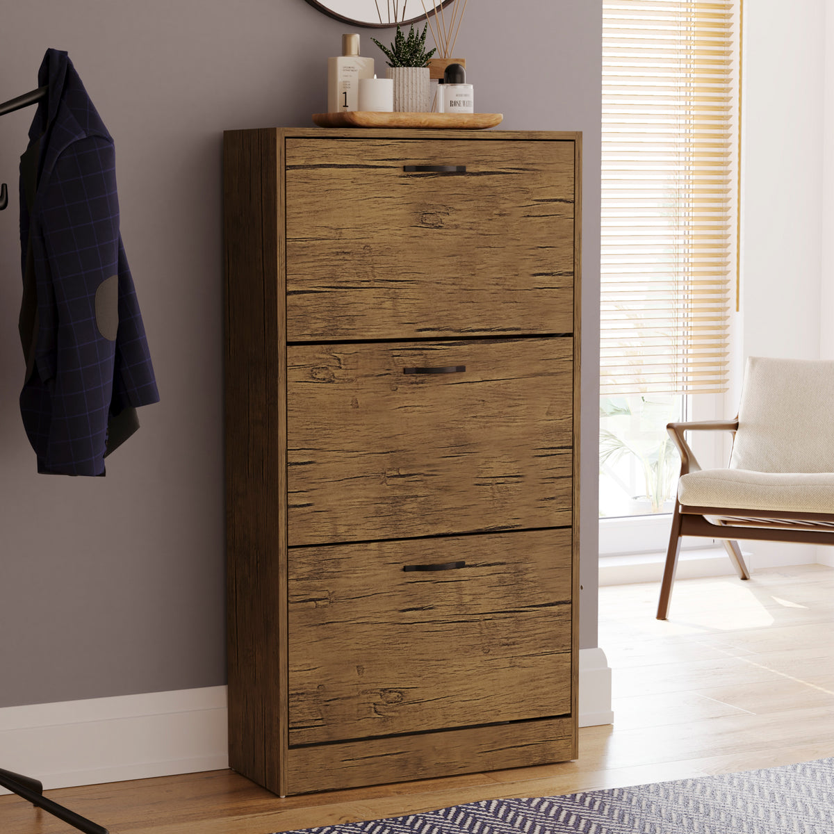 3 Drawer Shoe Cabinet, Antique Brown
