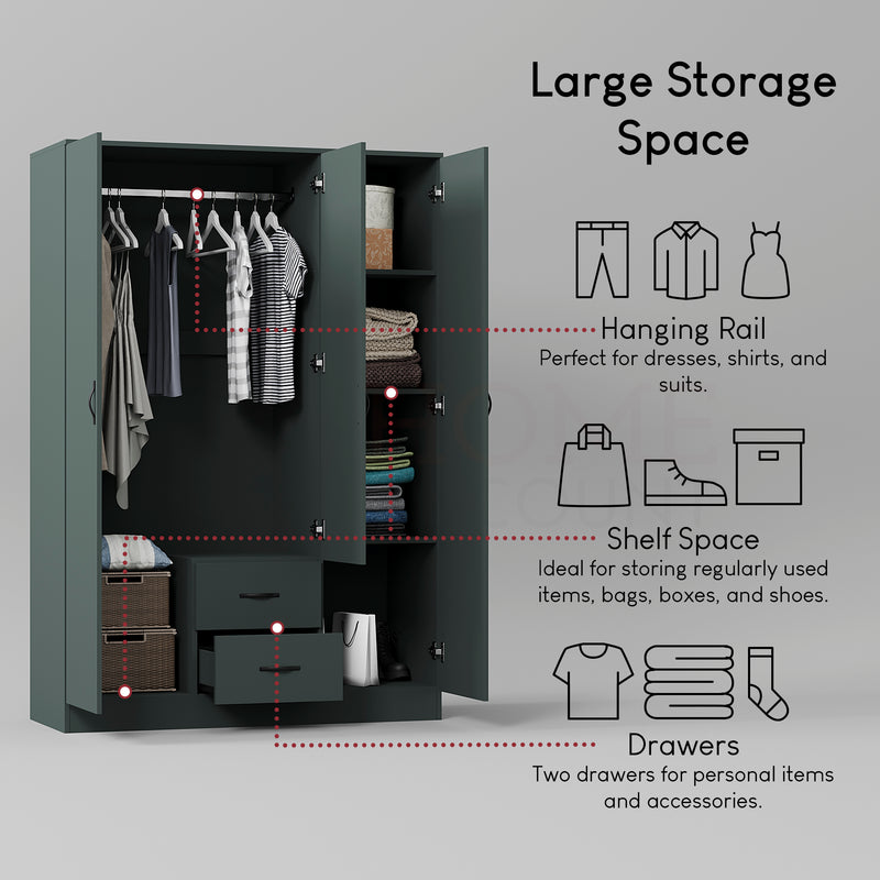 Riano 3 Door 2 Drawer Mirrored Wardrobe, Green