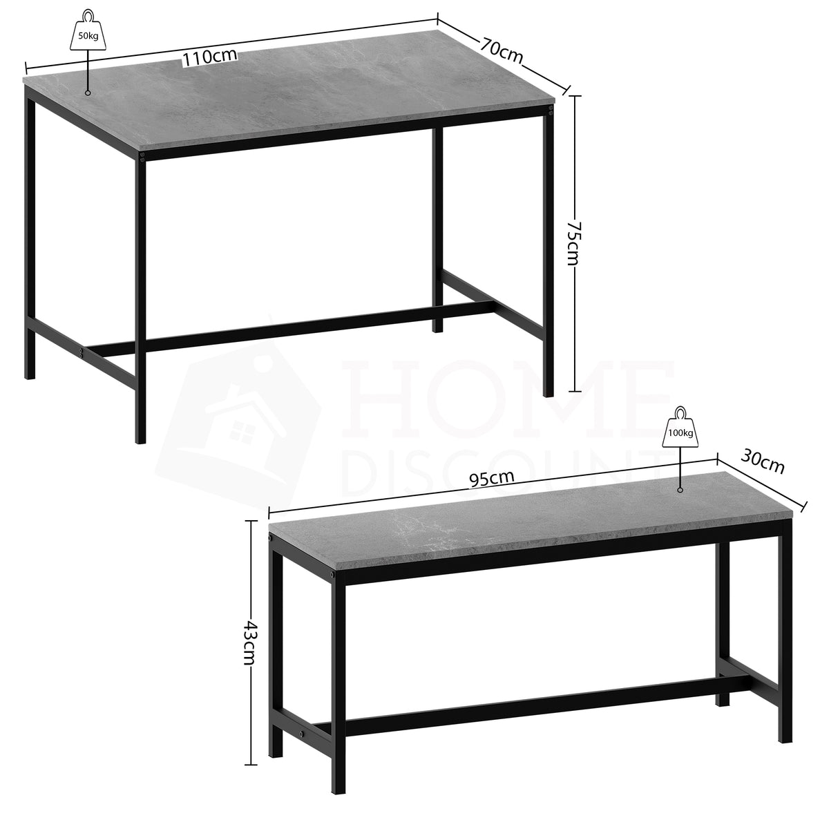 Roslyn 4 Seater Dining Table With Bench Set, Concrete Grey