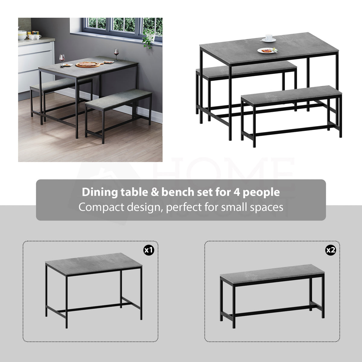 Roslyn 4 Seater Dining Table With Bench Set, Concrete Grey