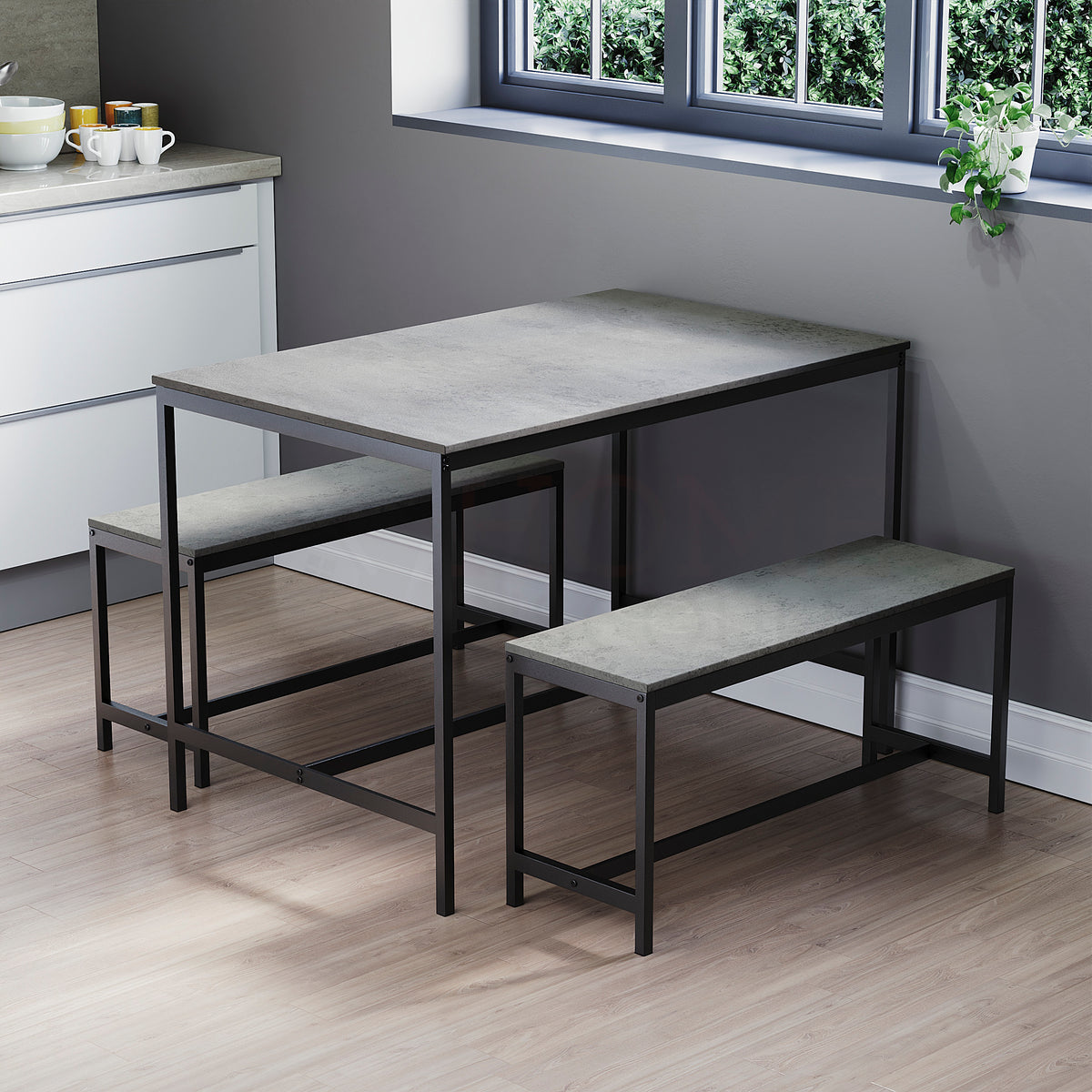 Roslyn 4 Seater Dining Table With Bench Set, Concrete Grey