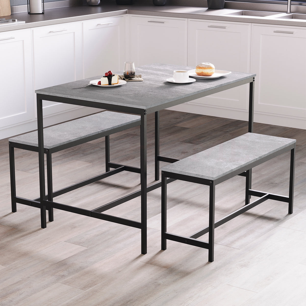 Roslyn 4 Seater Dining Table With Bench Set, Concrete Grey