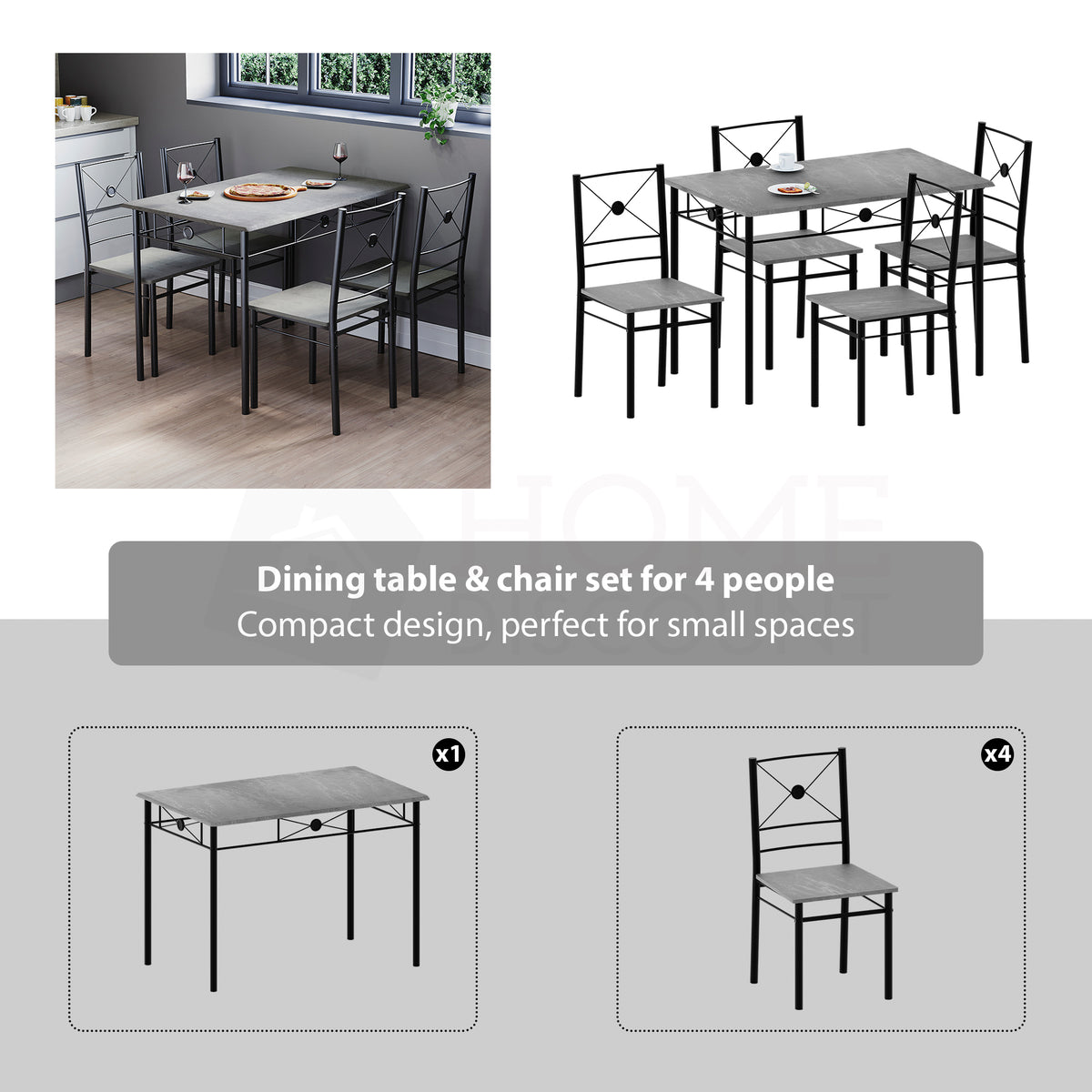Roslyn 4 Seater Dining Set, Concrete Grey