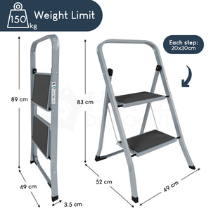 2 Step Ladder With Anti-Slip Mat, Grey
