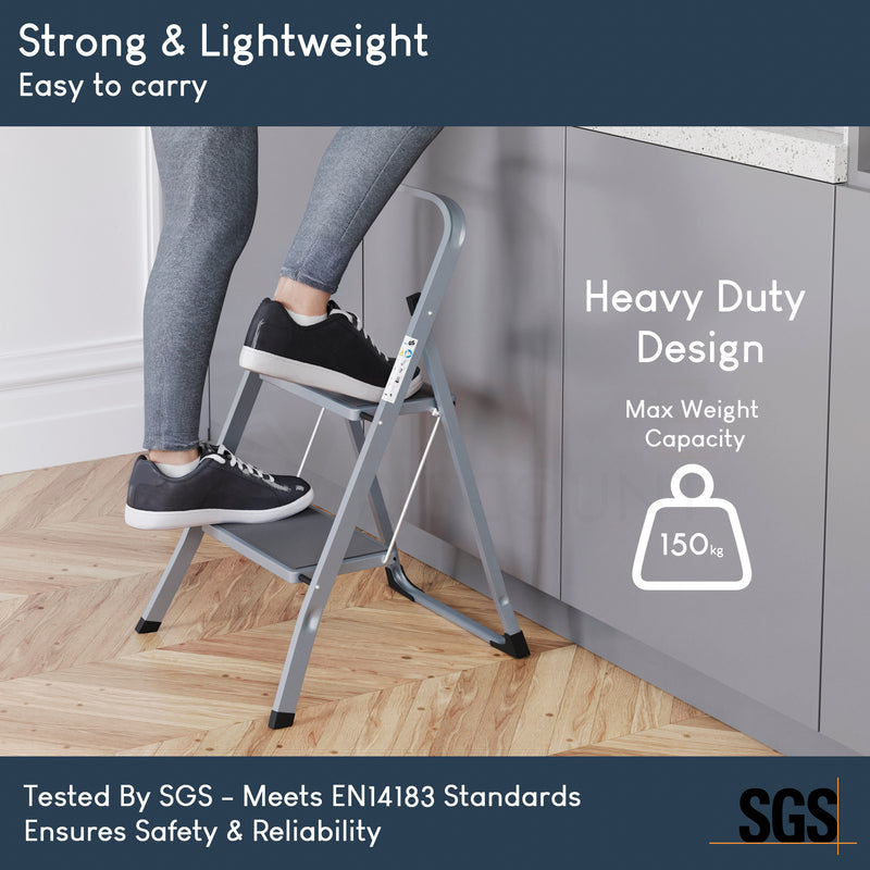 2 Step Ladder With Anti-Slip Mat, Grey