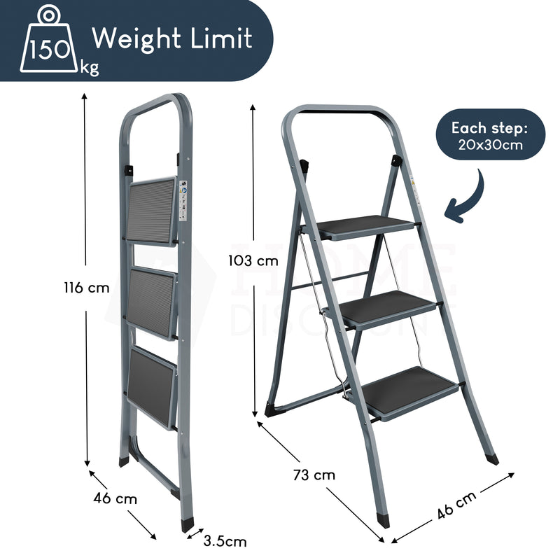 3 Step Ladder With Anti-Slip Mat, Grey