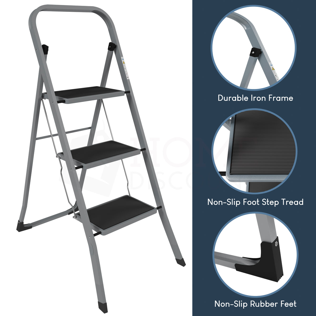3 Step Ladder With Anti-Slip Mat, Grey