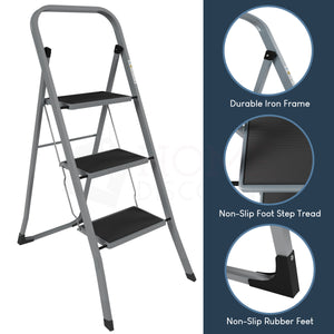 3 Step Ladder With Anti-Slip Mat, Grey