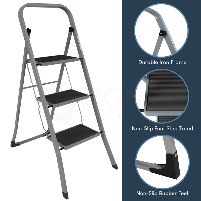3 Step Ladder With Anti-Slip Mat, Grey