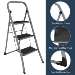3 Step Ladder With Anti-Slip Mat, Grey