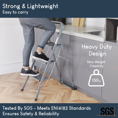 3 Step Ladder With Anti-Slip Mat, Grey