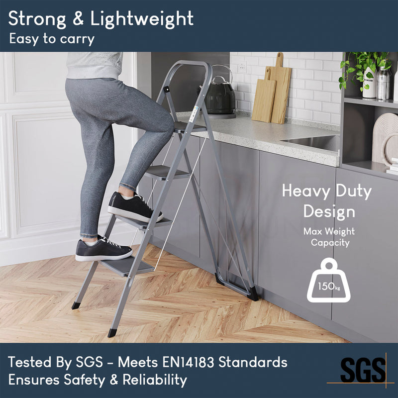 4 Step Ladder With Anti-Slip Mat, Grey