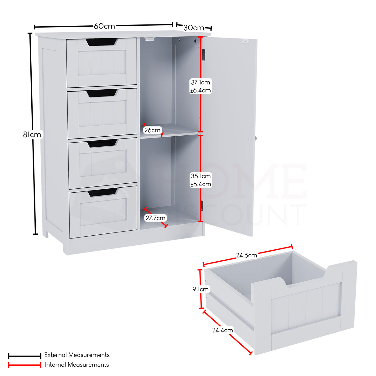 Priano 4-Drawer 1-Door Freestanding Unit, White