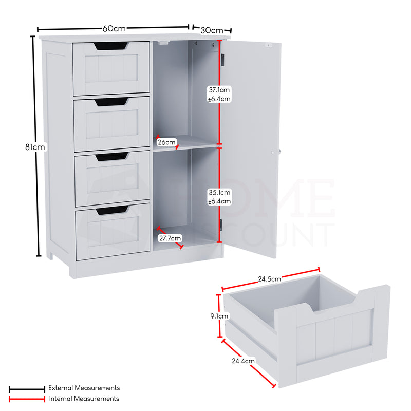 Priano 4-Drawer 1-Door Freestanding Unit, White